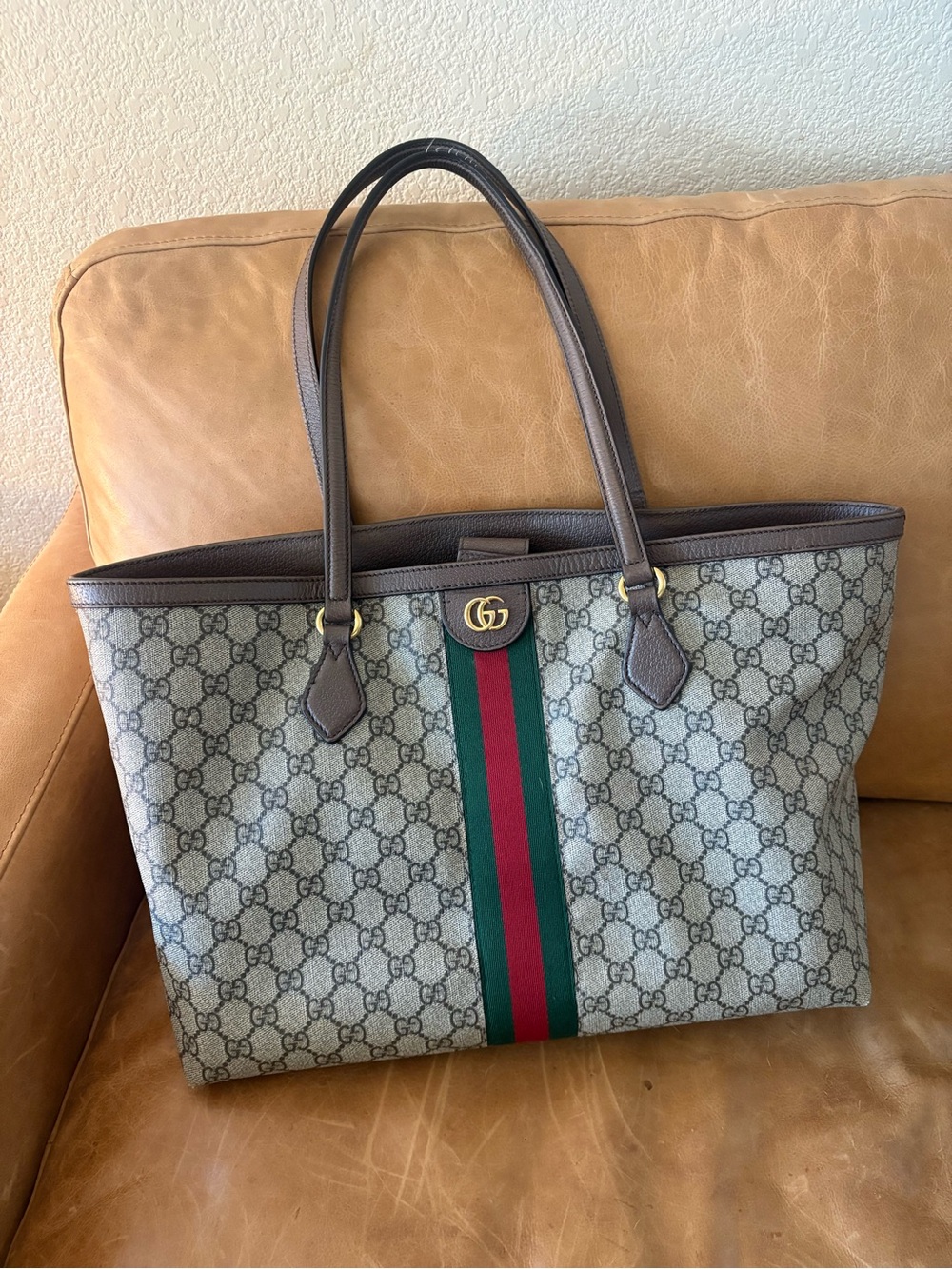 Gucci GG Supreme Tote with Brown Trim and Green/Red Stripe
